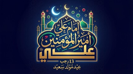 Islamic calligraphy art celebrating a significant religious event with mosque and crescent moon