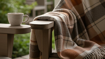 Obraz premium Blanket and coffee cup resting on wooden chair on porch 