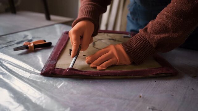 Close up of furniture restorer hands removing old upholstery from vintage wooden chair in workshop