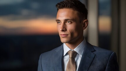 A confident businessman in a tailored suit gazes thoughtfully out an office window at the dawn sky