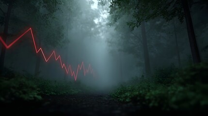 A red declining trend graph superimposed over a misty forest path