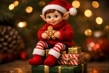Elf toy sitting on stack of miniature wrapped presents, wearing red knitted sweater, holding gingerbread cookie, festive fairy lights
