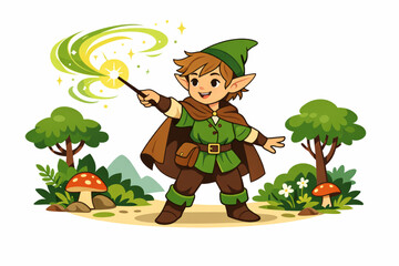 Fototapeta premium Flat illustration of young elf casting magic spell in forest, whimsical style