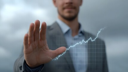 A professional man in a suit interacts with a rising financial graph displayed digitally against a cloudy sky