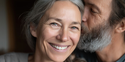 Bearded partner gently kisses companion&rsquo;s head expressing enduring tenderness and emotional security.