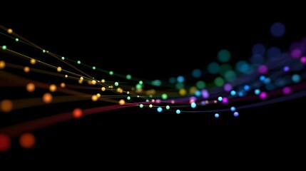 Abstract flowing waves of colorful light and bokeh dots against a black background