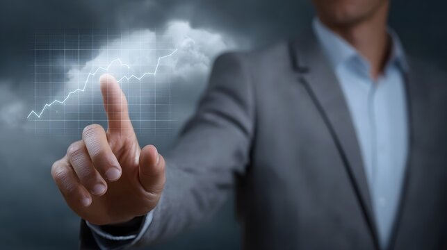 A professional points at a glowing digital graph displaying upward financial growth and performance data against a cloudy atmospheric background - Powered by Adobe