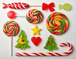 Colorful Christmas Candy and Lollipop Collection on White Background