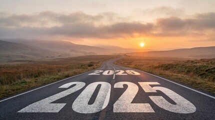 A symbolic long winding road marked with the year 2025, leading towards a hopeful future and new beginnings under a dramatic sunrise or sunset sky, representing upcoming challenges and opportunities