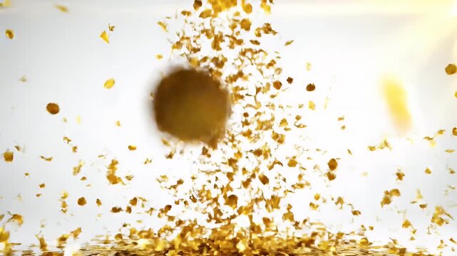 Gold Confetti Falling - A stream of gold confetti falls down against a white background. The confetti particles are various shapes and sizes, with a slight bokeh effect.