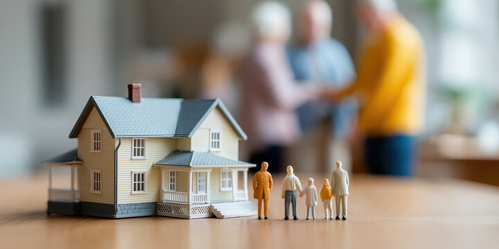 Tiny characters stand before dwelling while adults converse background about important decisions.