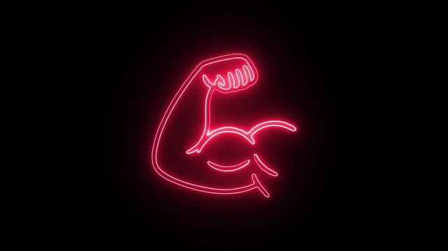 Glowing neon colorful sign of a muscular arm flexing its bicep against a black background. Glowing neon fist and arm muscle icon animation