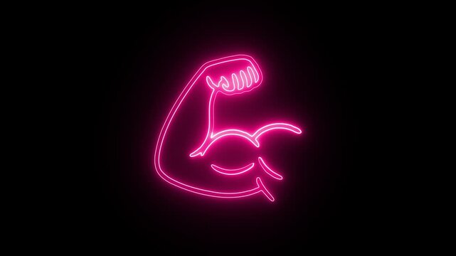 Glowing neon sign of a muscular arm flexing its bicep against a black background. Glowing neon fist and arm muscle icon animation
