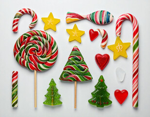 Colorful christmas lollipops and candies flat lay