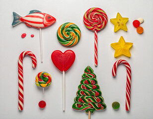 Colorful Christmas Candy and Lollipop Assortment Isolated on Light Background