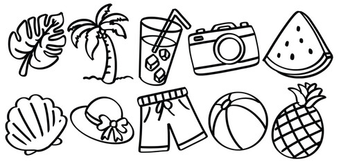 Set of hand drawn beach scene theme Isolated Vector