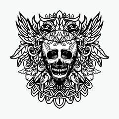 Ornamental Skull Mandala with Feathers &ndash; Intricate Black and White Tribal Line Art Illustration