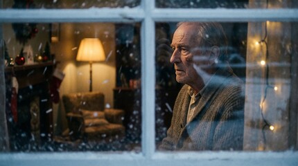 Obraz premium Elderly man looking out a window at falling snow during winter holidays