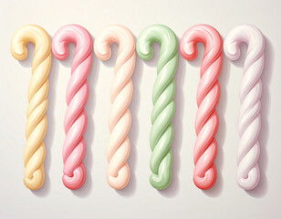 Row of colorful pastel candy canes on a white background
