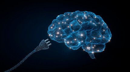 Digital power plug connecting to glowing wireframe brain made of blue network lines and nodes on dark background