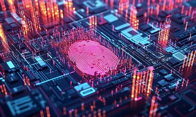 A glowing pink biometric fingerprint scan centered on a complex dark circuit board with orange light trails, representing advanced digital security and personal data protection. - Powered by Adobe