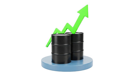 Oil barrels rise on upward trending green arrow indicating market growth