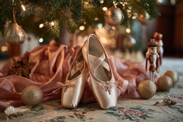 Pair Of Crossed Ballet Slippers Resting Under A Christmas Tree Amid Velvet Drapes, Golden Ornaments, And A Nutcracker For Festive Holiday Glamour And Dreamy Winter Decor