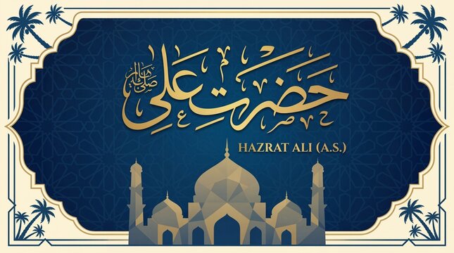 Islamic Calligraphy of Hazrat Ali A.S. with Mosque Silhouette in Royal Blue and Gold for Religious Events