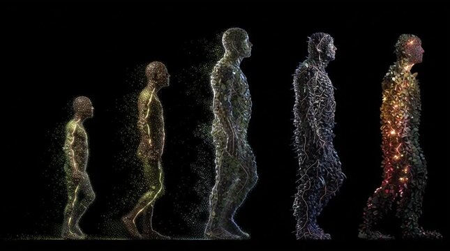 Conceptual depiction of human evolution a million years ahead: tall, slender figures adapted to microgravity, with subtle bioluminescent skin, exploring a futuristic vision of space-adapted humanity.
