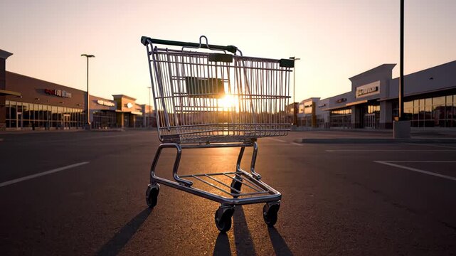 Solitary metal shopping cart left abandoned in an empty parking lot, illuminated by a stunning sunset creating elongated shadows and a radiant, golden hue