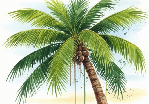 Vibrant tropical coconut palm tree with lush green fronds and coconuts