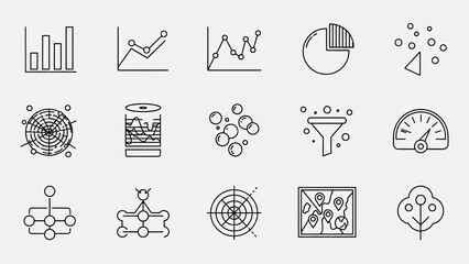 Collection of Data Analysis Icons: Charts, Graphs, Network, Map, Speedometer, Tree