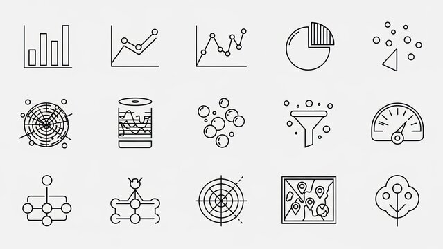 Collection of Data Analysis Icons: Charts, Graphs, Network, Map, Speedometer, Tree - Powered by Adobe