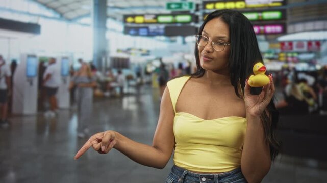 Young woman holds rubber duck with right hand and points finger downward with left hand in busy airport checkin concourse; playful curiosity.