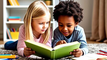 Two children reading a book together on a carpet. A young blond girl and a young black boy are focused on the pages. Colorful books are visible in the background. - Powered by Adobe