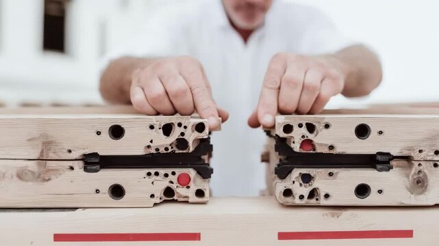 Medium shot of modular timber connection components being aligned and snapped together emphasizing fast flexible construction methods.