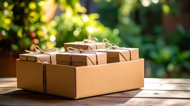 A collection of wrapped presents tied with twine, nestled in a cardboard box on a wooden surface.