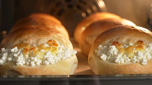 Baking Delicious Cheese Buns in a Hot Oven for a Golden Finish.