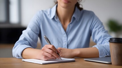Professional woman writing notes in a notebook at her desk