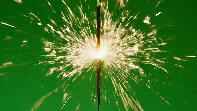 Sparkler on Green Screen - A single lit sparkler is isolated against a solid green backdrop. The bright, bursting sparks create a dynamic and festive visual.
