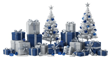 Meticulously arranged elegant metallic silver and deep blue christmas gift boxes with satin bows, and white flocked trees, isolated on immaculate white background with copy space for elegant