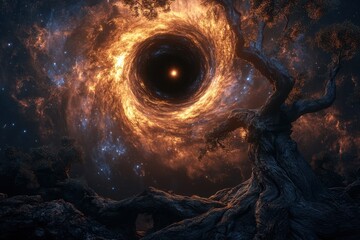 Cosmic tree under a swirling vortex in a star-filled universe at twilight