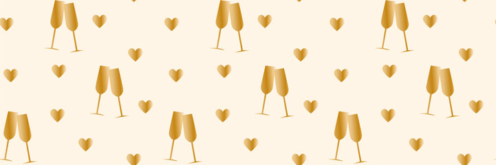 gold champagne glasses and hearts seamless pattern on cream background for luxury wedding celebration valentines day anniversary and new year party decor