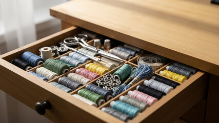 Thread spools in open drawer with various colors and sewing tools  