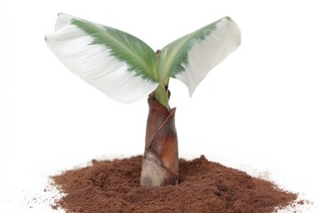 Banana plant sprouting from soil in a close view during daylight hours