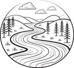 Illustration of scenic winding river, ranked as mountain forest landscape with pine trees and overcast sky, perfect for travel posters, nature guides, and artistic environmental designs.