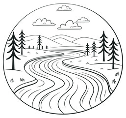 Illustration of winding river flowing through high rank mountain forest, featuring pine trees and cloudy sky, ideal for outdoor adventure, nature illustration, and environmental storytelling.