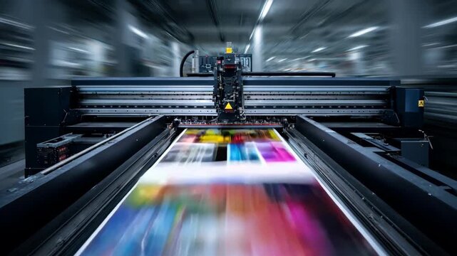 High speed textile printing captured in medium shot highlighting rapid movement of robotic equipment delivering vibrant designs with exceptional speed and reliability.