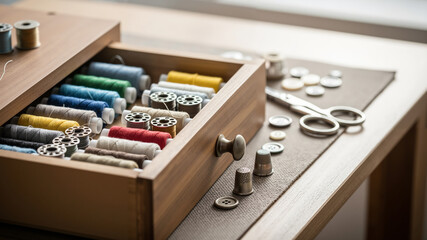 Thread spools in open drawer with scissors and buttons on table  
