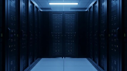 A server room with rows of data storage units, representing data processing and cloud computing. - Powered by Adobe